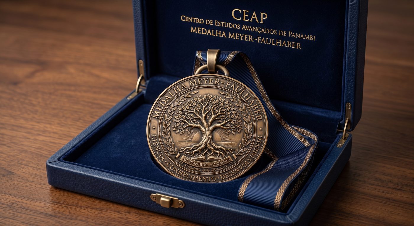 Medalha Meyer-Faulhaber em estojo de apresentação, com a árvore da vida sobre o nascer do sol e a inscrição Ab omnibus, ad omnes
